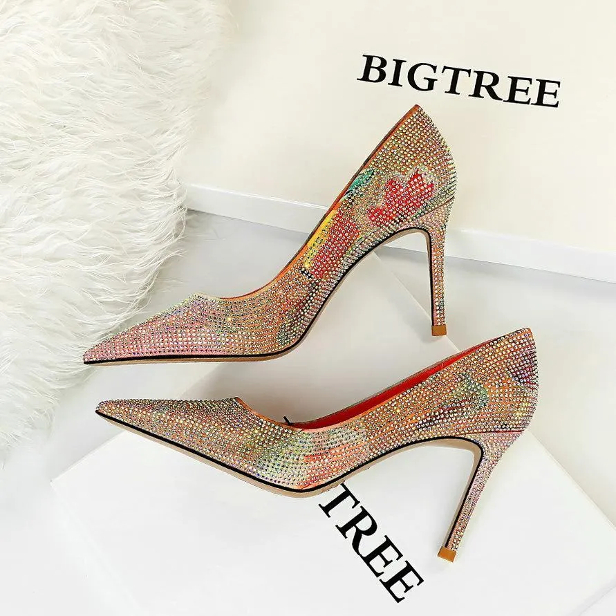 Chicvane Womens Color Block Rhinestone Stiletto Heels Pointed Toe Bridal Pumps