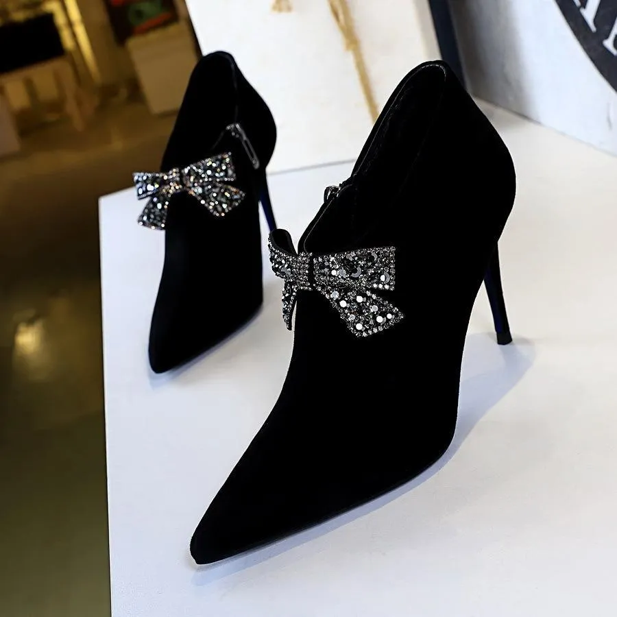 Chicvane Womens Suede Rhinestone Bowknot Pointed Toe Stiletto Heel Ankle Boots