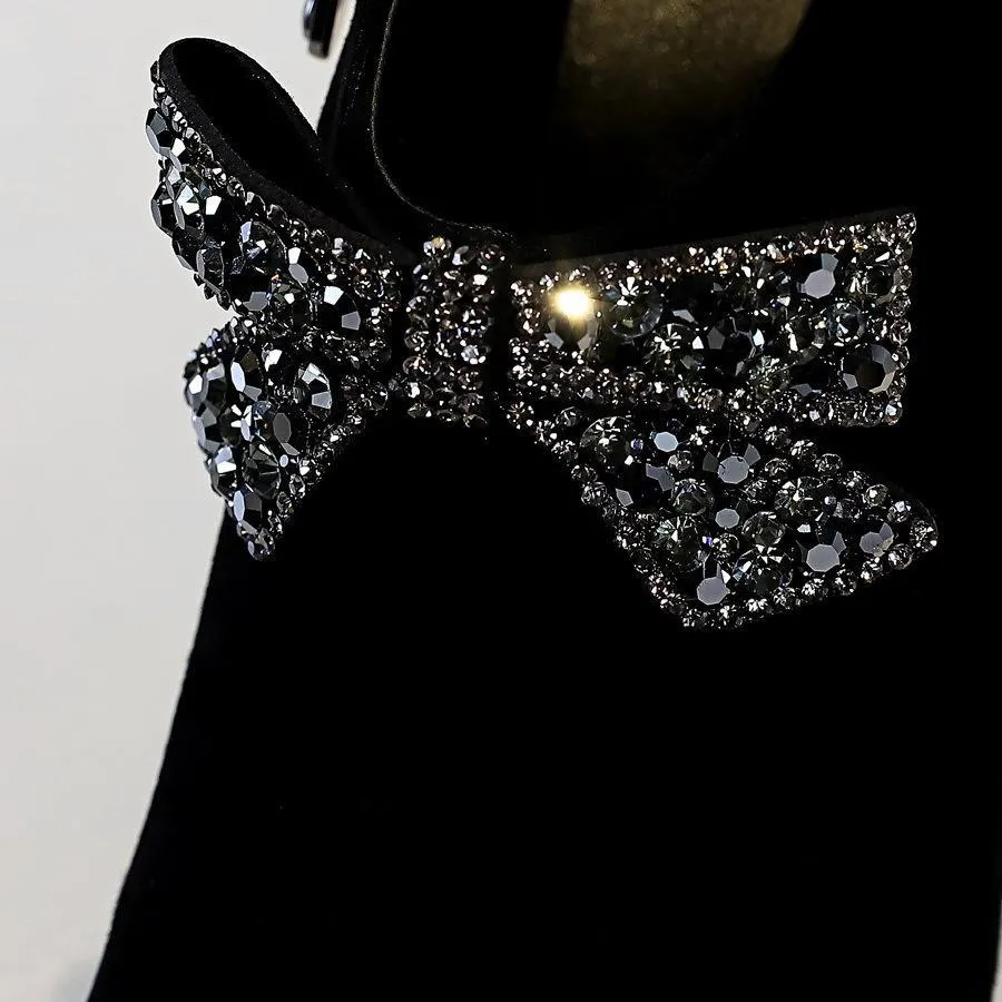 Chicvane Womens Suede Rhinestone Bowknot Pointed Toe Stiletto Heel Ankle Boots