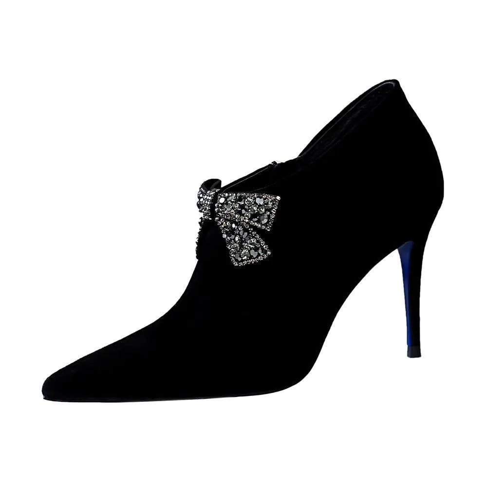Chicvane Womens Suede Rhinestone Bowknot Pointed Toe Stiletto Heel Ankle Boots