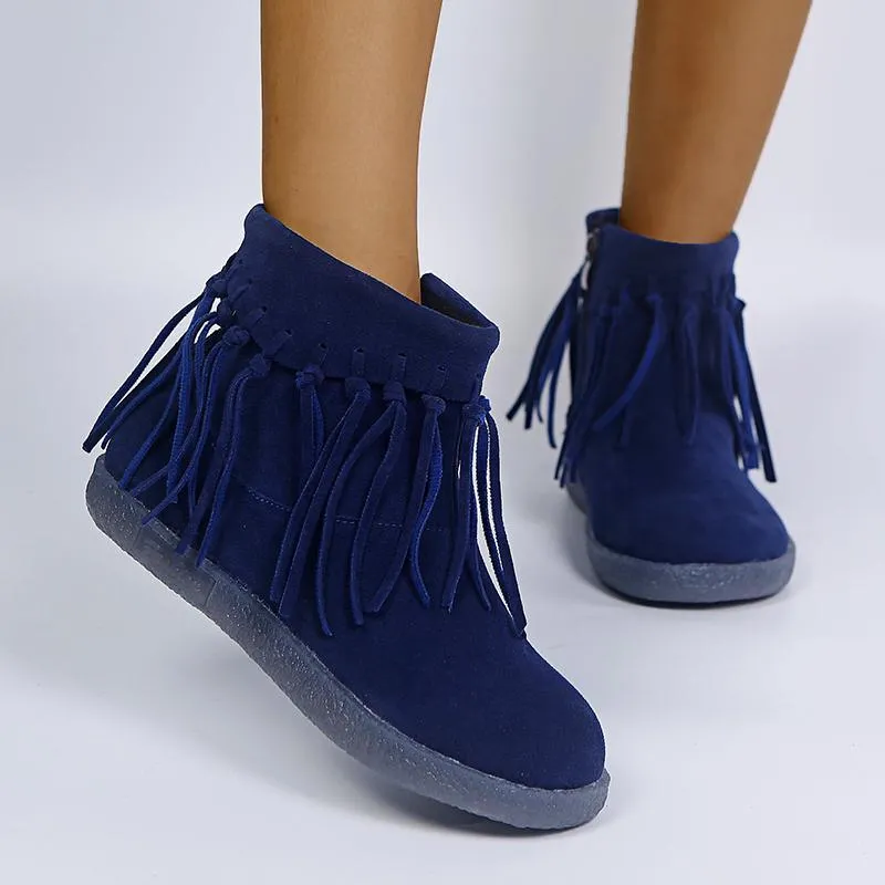 Chicvane Women's Tassels Flat Heel Ankle Boots With Side Zipper