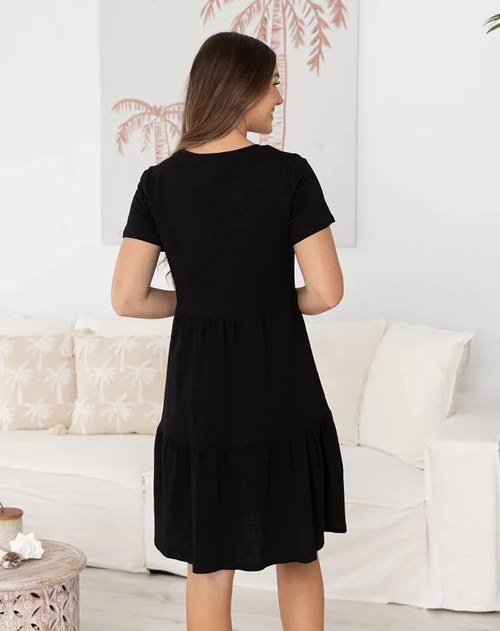 Freez Ella Cotton Tiered Midi Dress Black S