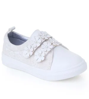 Girls' Cream Pearl Flower Velcro Sneakers - FINLEY - Cream - Ivory