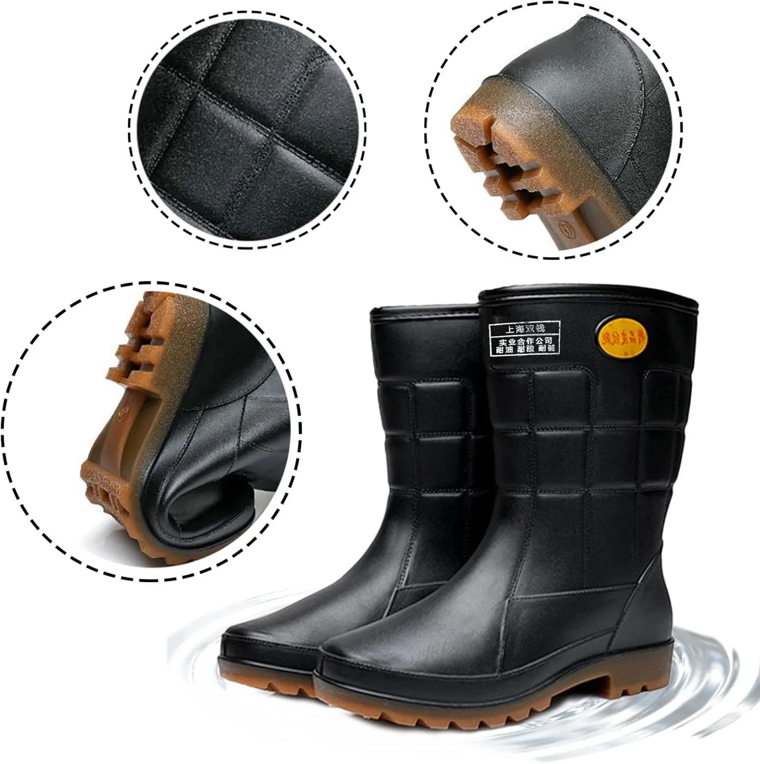 Mens Non Slip Rubber Rain Boots Waterproof Knee Rain Boots Men Durable Farming Mud Shoes Durable Kitchen Labor Shoe Comfortable Garden Working Shoe High Calf Car Washing Boot