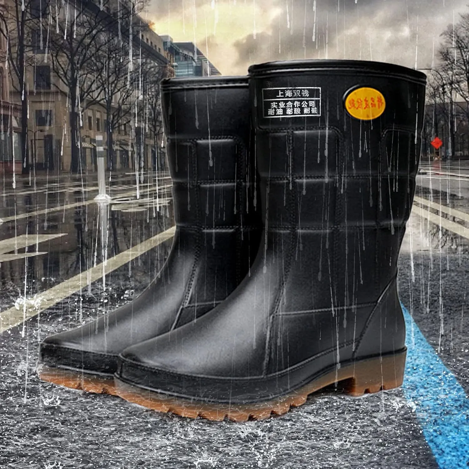 Mens Non Slip Rubber Rain Boots Waterproof Knee Rain Boots Men Durable Farming Mud Shoes Durable Kitchen Labor Shoe Comfortable Garden Working Shoe High Calf Car Washing Boot