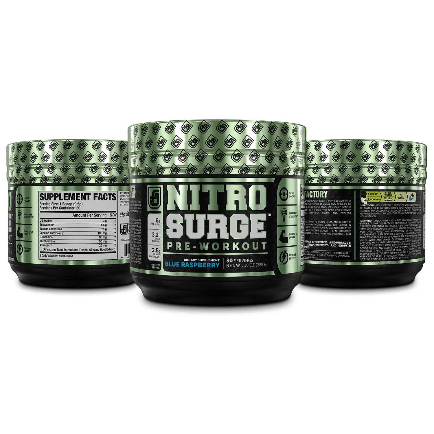 NITROSURGE Pre Workout Supplement - Endless Energy, Instant Strength Gains, Clear Focus, Intense Pumps - Nitric Oxide Booster & Powerful Preworkout Energy Powder - 30 Servings, Blue Raspberry
